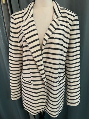 LOFT Striped Blazer Women Size 12 Navy White Knit Jacket Nautical Career Casual